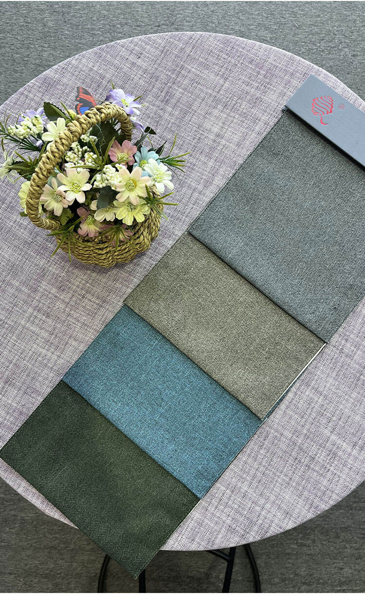 Linen-look twill curtain fabric color swatches—green, teal and gray tones for interior matching