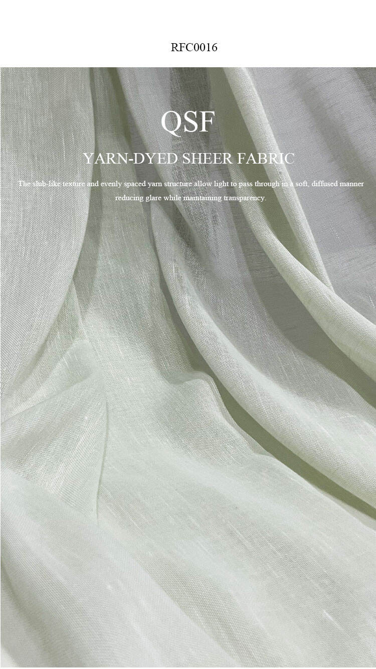 QSF RFC0016 yarn-dyed sheer fabric close-up showing soft drape and delicate yarn texture that diffuses light beautifully.