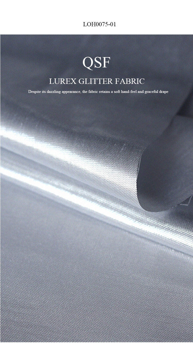 Silver lurex glitter fabric close-up showing metallic shimmer, soft hand-feel and graceful drape.
