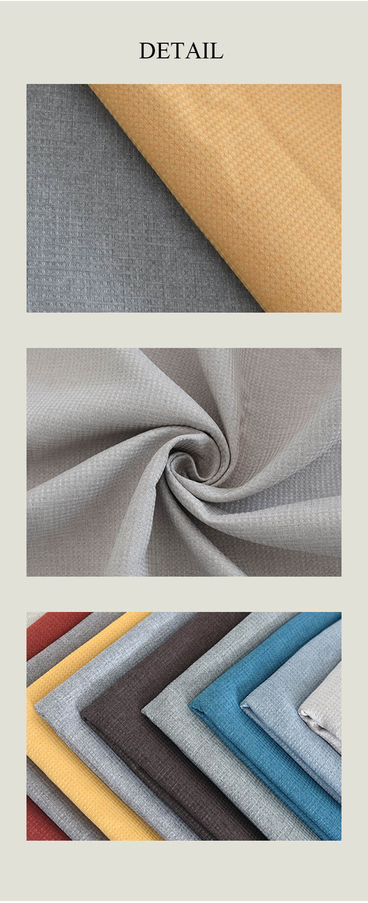 Mini-check fabric detail shots—two-tone texture comparison, twist fold drape, and stacked color options