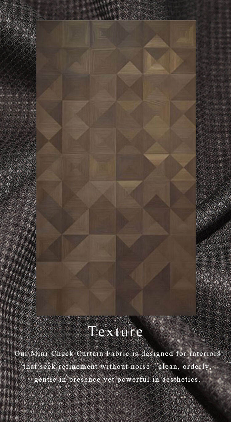Texture concept—mini-check curtain fabric inspired by geometric wood pattern, clean and orderly aesthetic