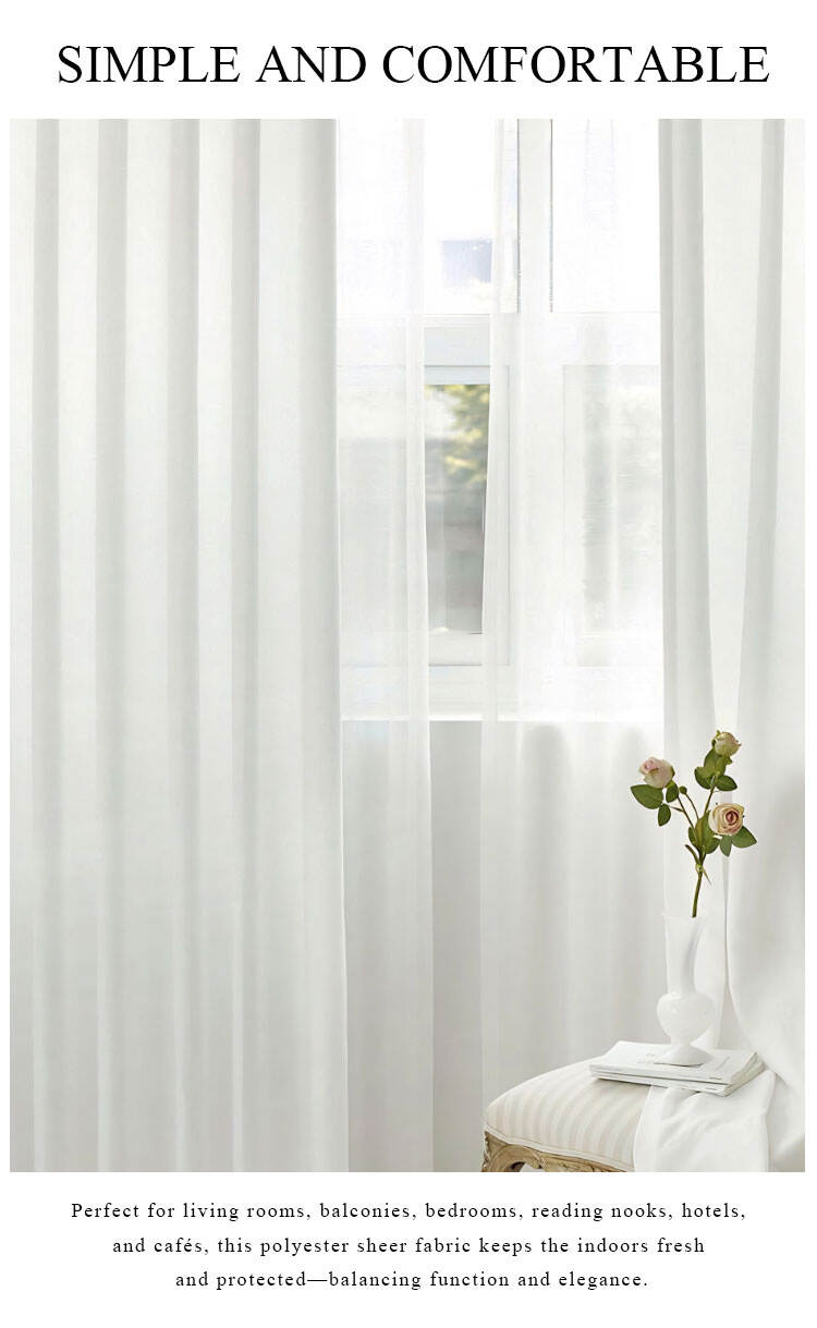 White 30S polyester sheer curtains in a bright room, creating a simple and comfortable atmosphere with diffused daylight.
