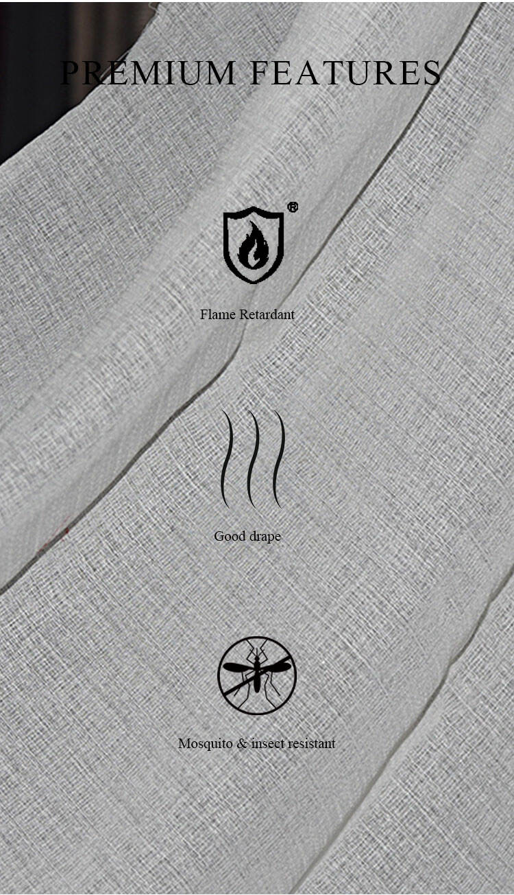 Premium features of Doris textured sheer curtain — flame retardant, excellent drape, mosquito and insect resistant, suitable for commercial interiors.