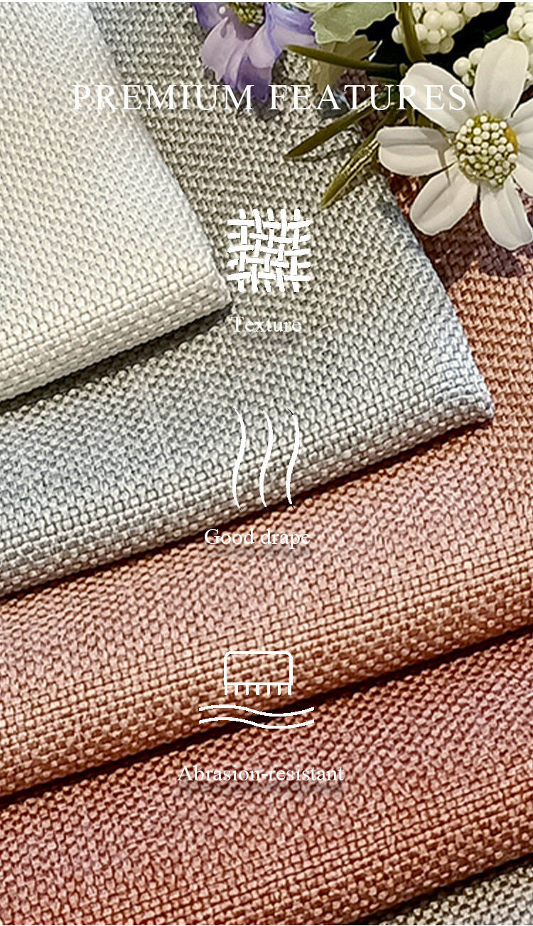 Premium features graphic—textured weave, good drape, and abrasion resistance for striped curtain fabric