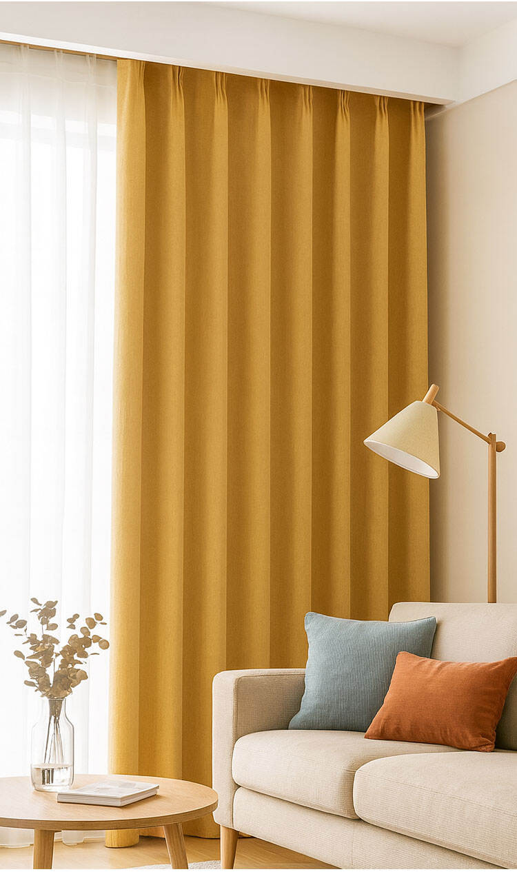 Mustard yellow chenille curtains in living room, warm tone with full drape for cozy interiors