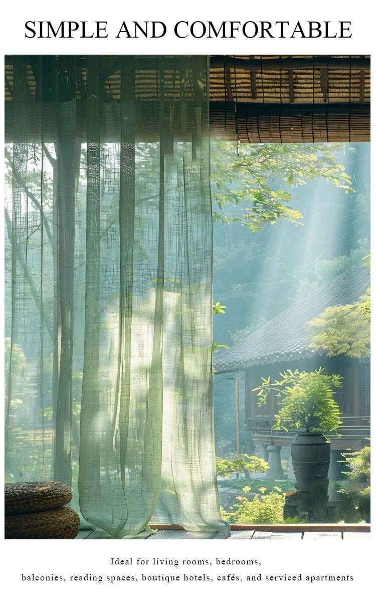 Yarn-dyed sheer curtains in soft green tone filtering natural light through a tranquil garden view, ideal for homes, cafés, and boutique hotels.