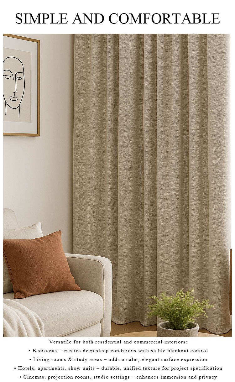 Beige brocade-linen blackout curtains in living room, calm texture and full drape for premium shading