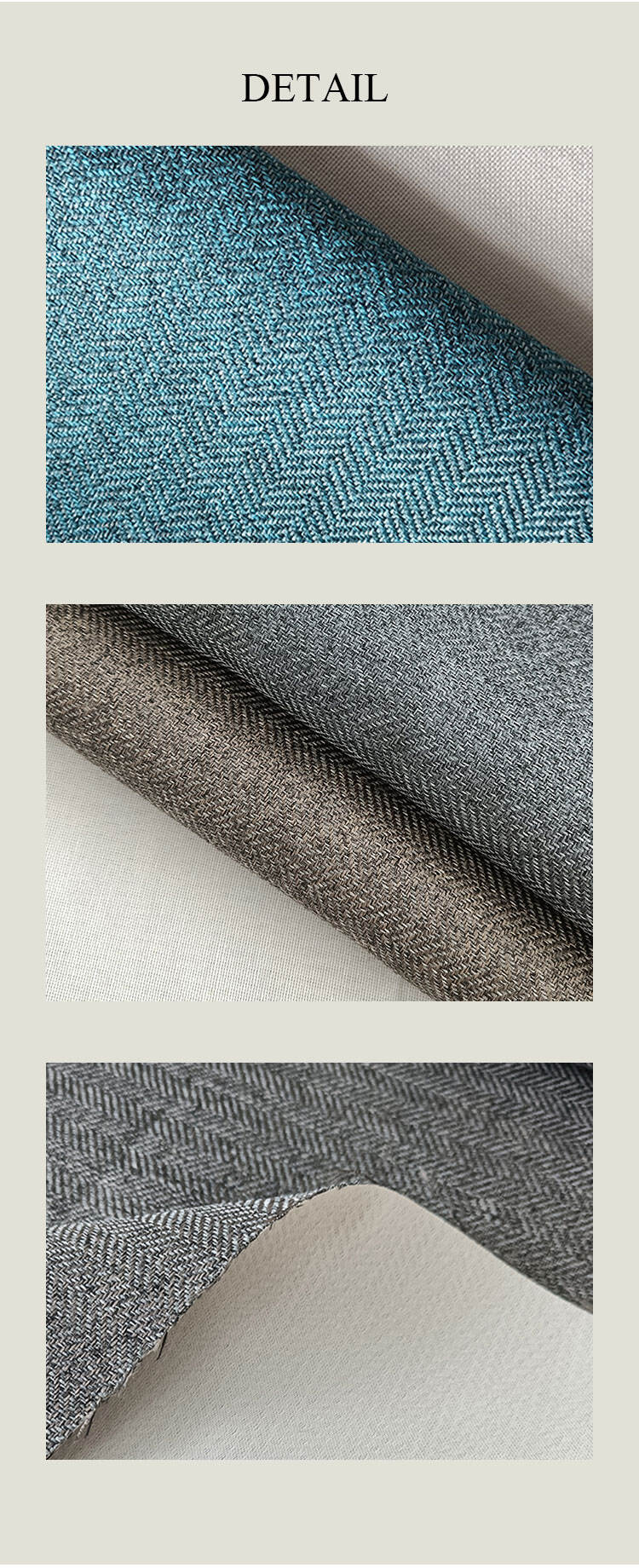 Linen-look large twill fabric detail shots—herringbone weave, close-up surface and back side texture