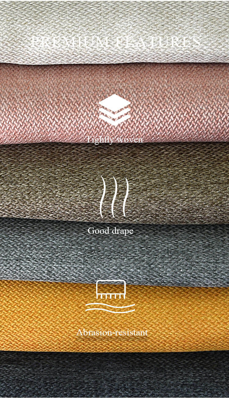 Premium features of brocade-linen blackout fabric—tightly woven, good drape, abrasion-resistant texture