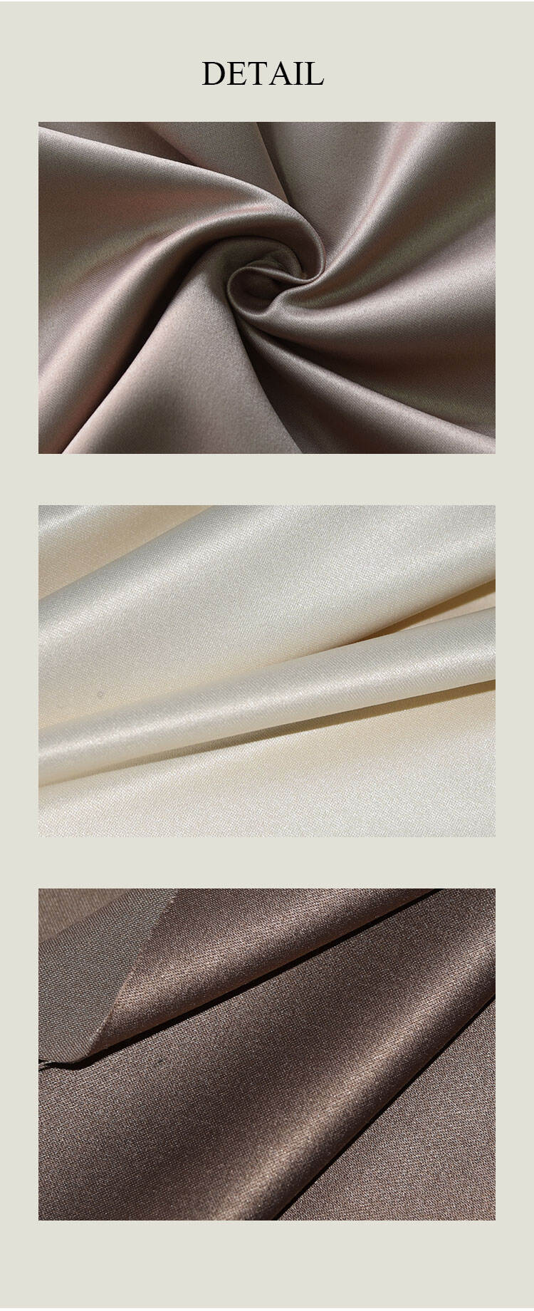 Satin curtain fabric detail close-ups—twist fold and surface texture showing smooth, silky finish