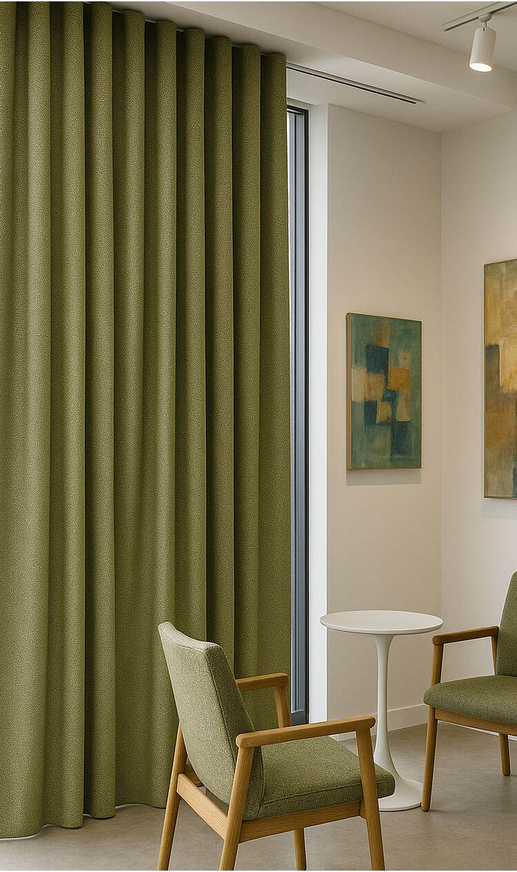 Green curtains in a modern lounge, showing full-height pleats and a calm, textured look