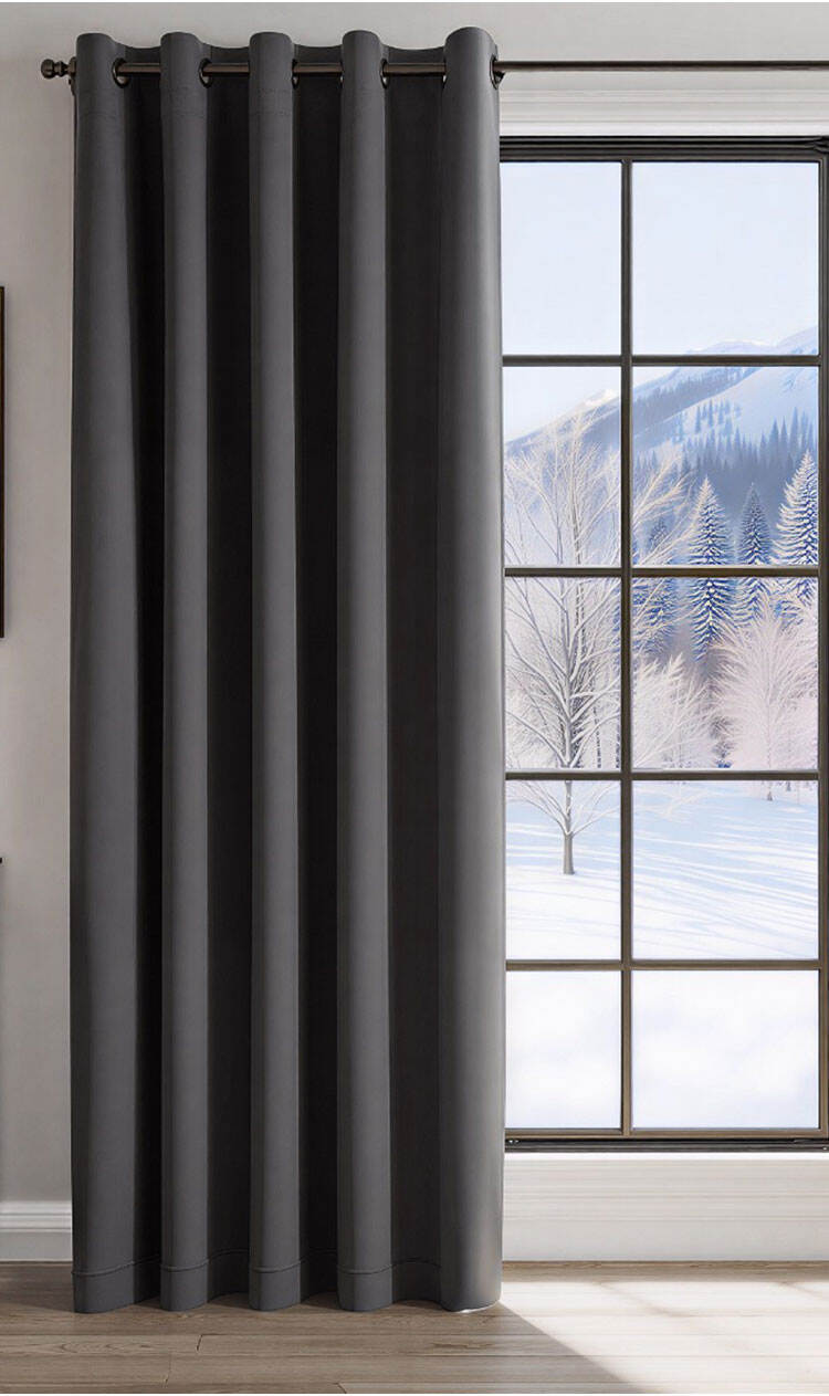 Dark gray satin curtains on window, clean modern look with structured pleats and full drape