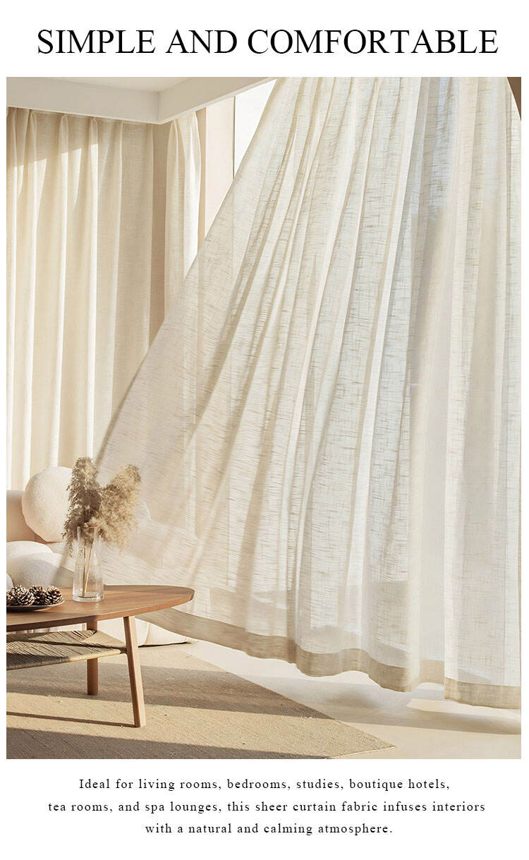 Bamboo pattern sheer curtains in a sunlit living room, gently diffusing light for a calm and natural atmosphere in residential or hotel spaces.