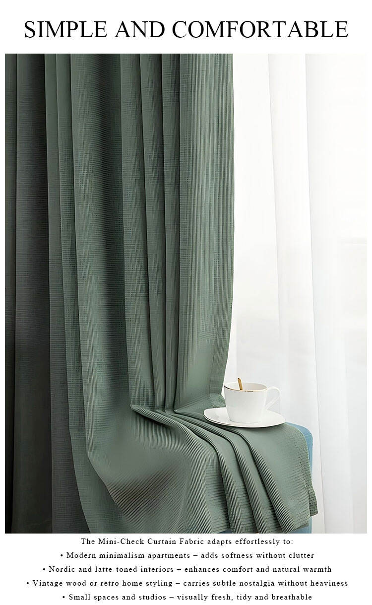 Green mini-check curtains layered with sheer white drapes, soft drape in minimalist window styling