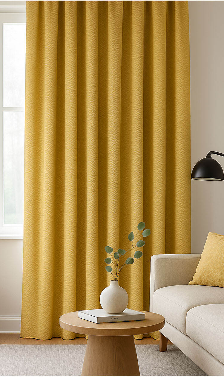 Mustard yellow mini-jacquard linen-look blackout curtains, warm tone with textured weave for cozy interiors