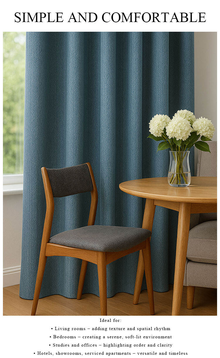 Linen-look twill curtains in blue-green tone, soft drape in a cozy dining corner with wooden table
