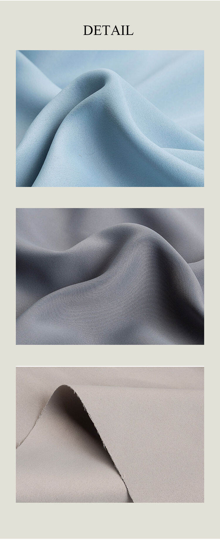 Blackout fabric detail shots—matte satin surface, soft folds, and backside blackout construction close-up