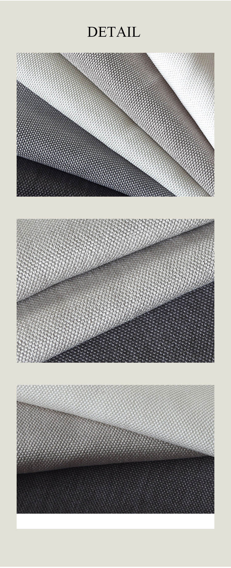 Detail views of linen-look oxford fabric, showing the basket-weave texture and fabric layers in grey, white and dark grey.