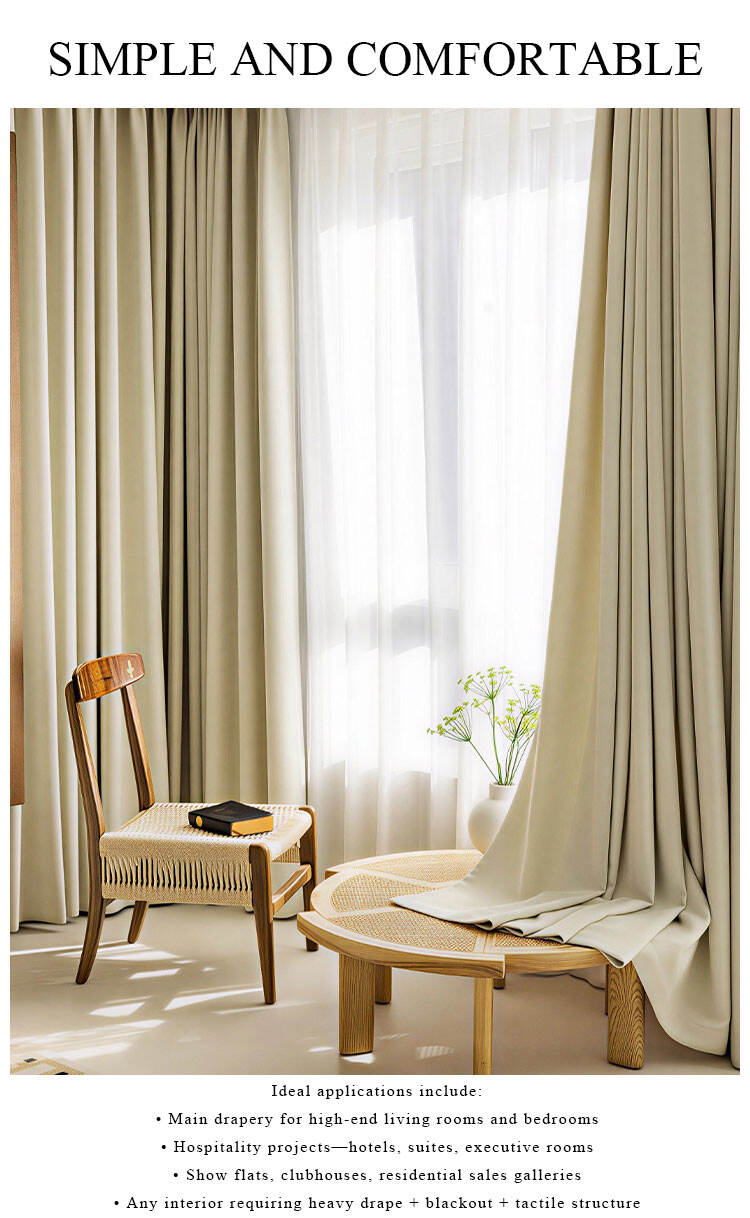 Beige chenille blackout curtains layered with sheer white drapes, soft heavy drape for premium interiors