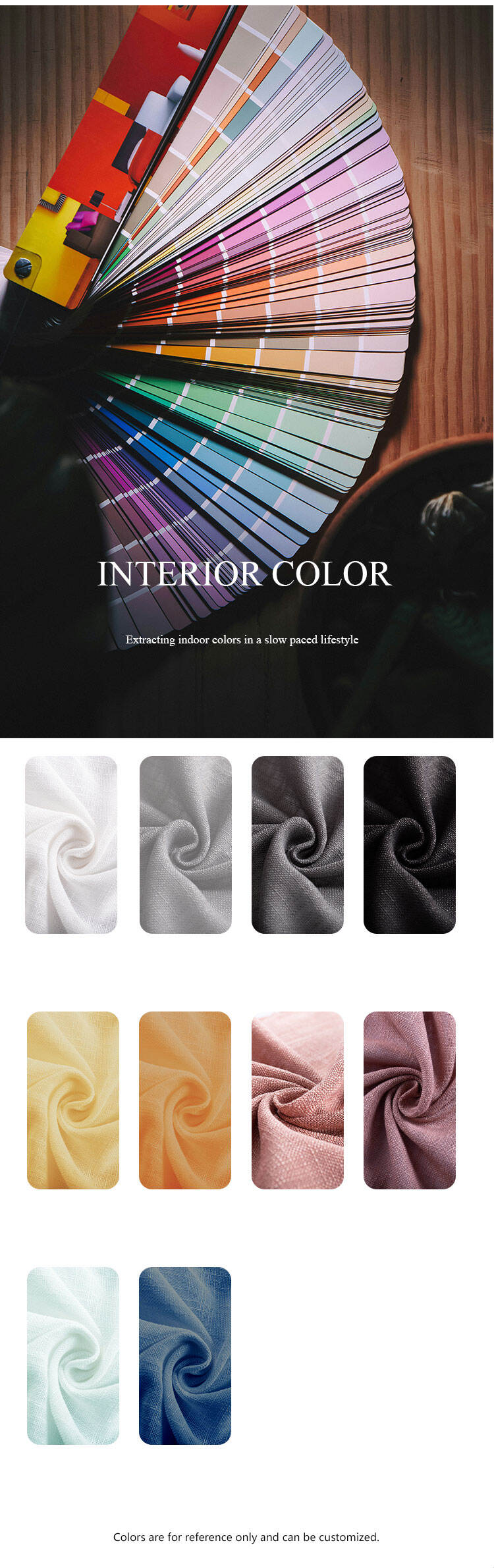 Interior color palette for heavy-denier slub sheer fabric with multiple swatches; colors for reference and can be customized.