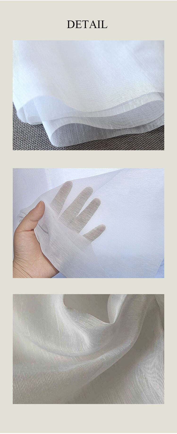 Glass sheer fabric detail collage showing neat hem, semi-transparent weave, and soft drape for light diffusion and privacy.