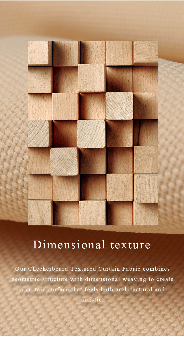 Dimensional texture concept—wooden cube grid inspiration over beige checkerboard curtain fabric background