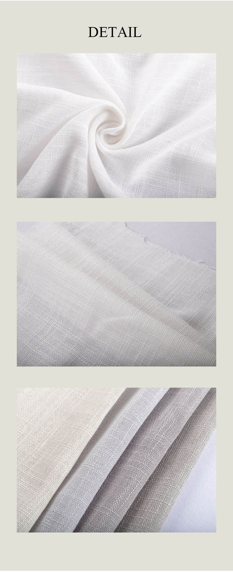 Heavy-denier slub sheer fabric details: soft swirl drape close-up, textured slub weave, and neutral color options stacked together.