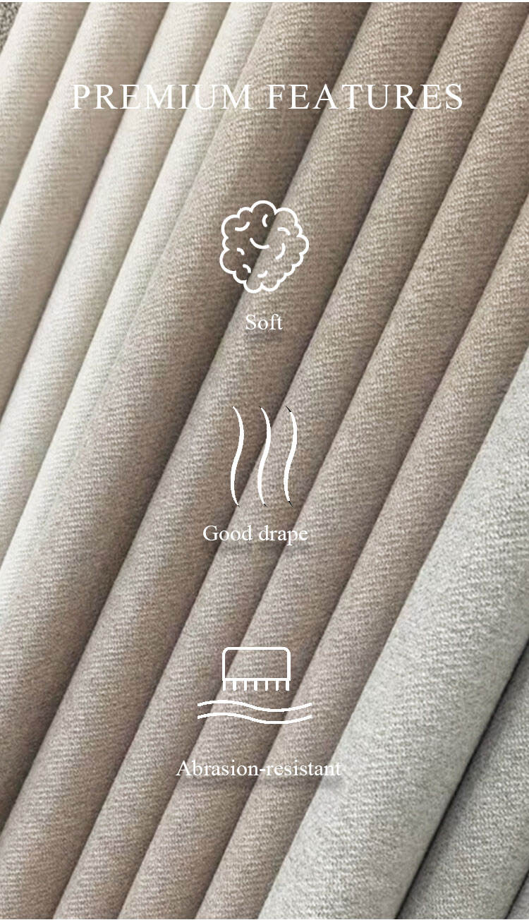 Premium features of Faux Cashmere Twill curtain fabric: soft feel, good drape, and abrasion resistance.