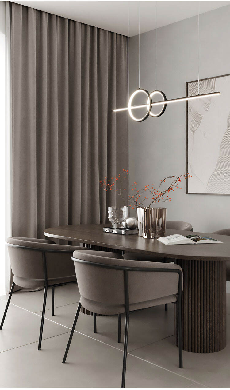 Dark gray blackout curtains in a modern dining room, minimalist style with professional light control