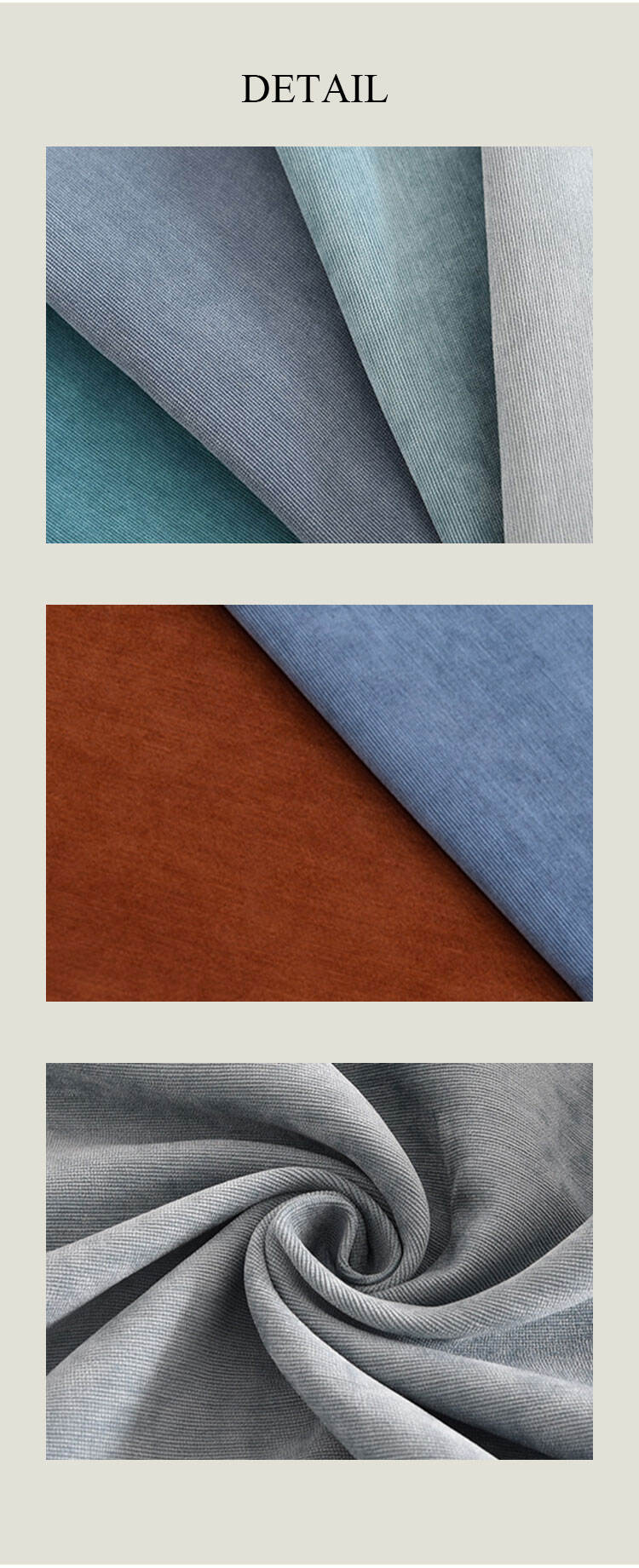 Chenille fabric detail shots—color tone comparison, plush surface close-up, and twisted drape folds