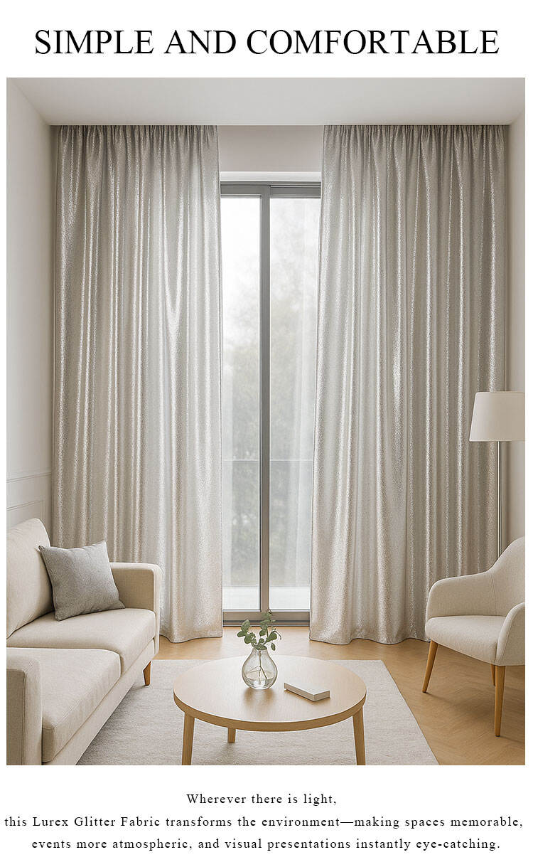 Shimmering lurex curtains in a minimalist living room, softly reflecting daylight for an elegant ambience.