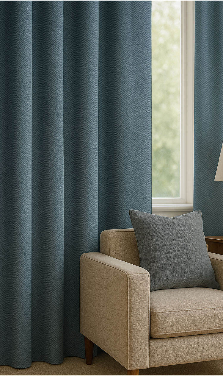 Blue-green linen-look twill curtains beside sofa, structured pleats and calm modern atmosphere