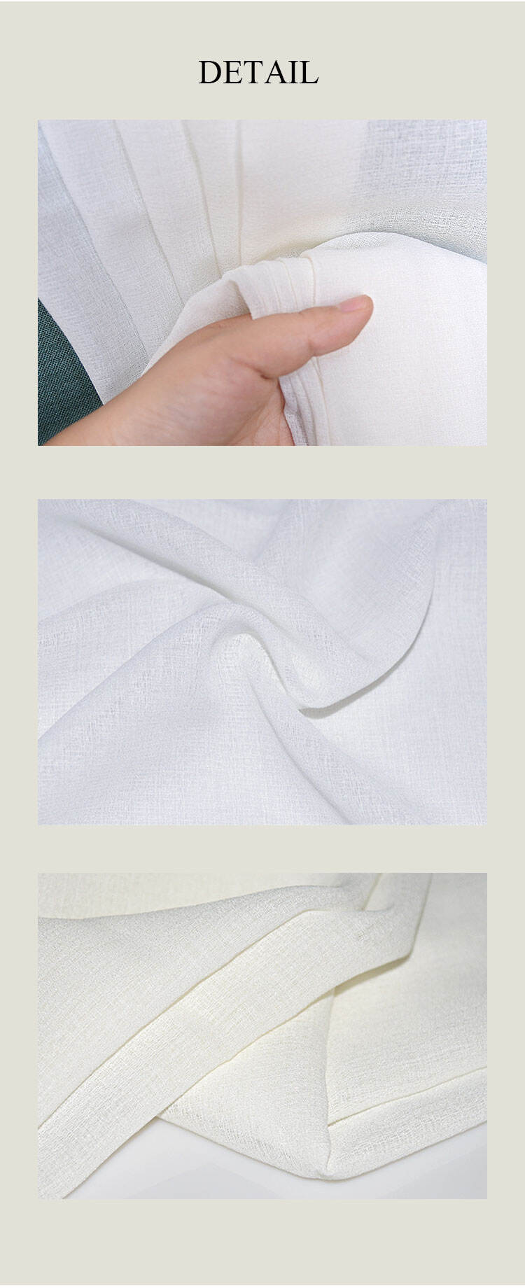 Fabric detail shots showing natural slub texture, breathable weave, and soft drape of Doris textured flame-retardant sheer curtain fabric.