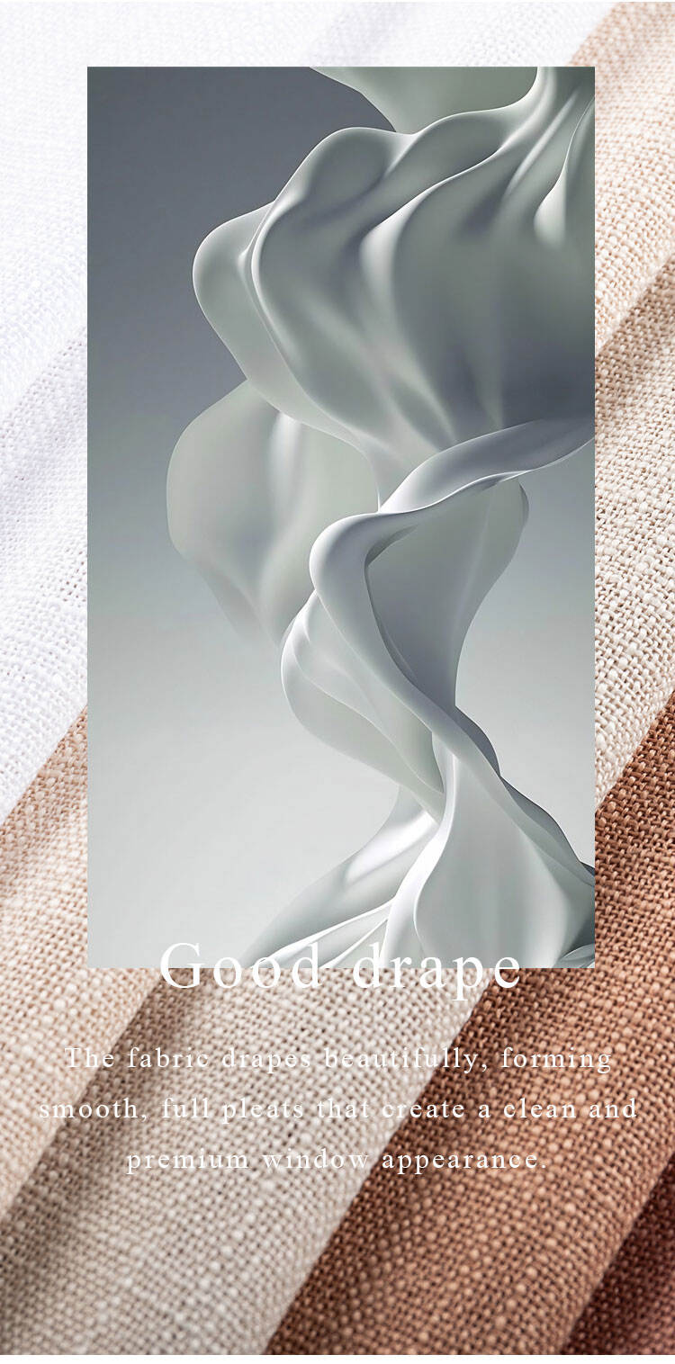 “Good drape” poster highlighting smooth, full pleats and a clean premium window appearance for heavy-denier slub sheer fabric.