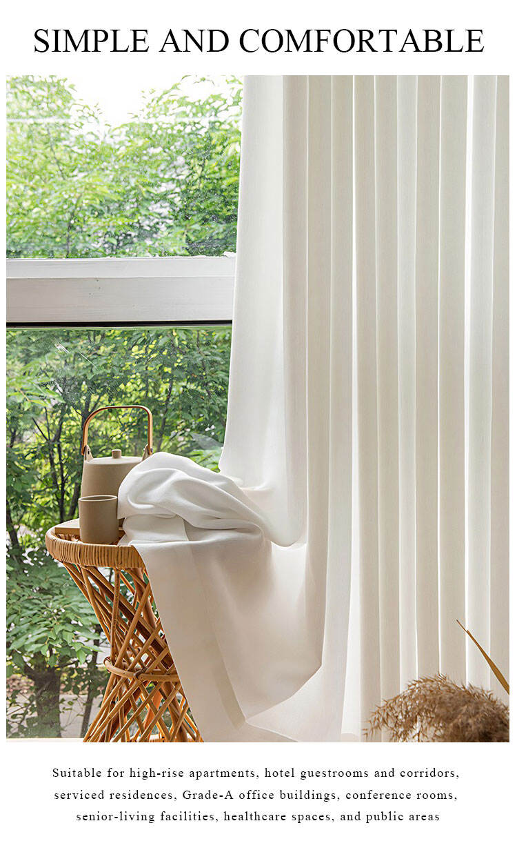 Heavy-denier slub sheer curtains by a window with greenery view, softly filtering daylight for calm residential and hospitality interiors.