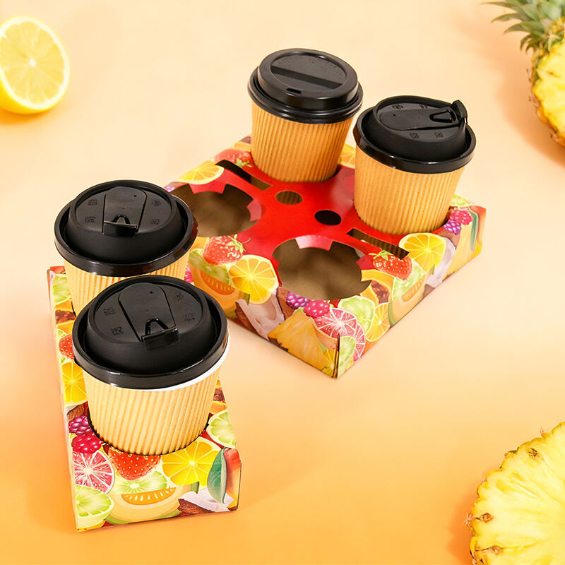 Custom Carry Out Cup Tray Holder Kraft Corrugated Coffee Cup Holder 2cup 4cup Carriers for Hot Cold Drinks
