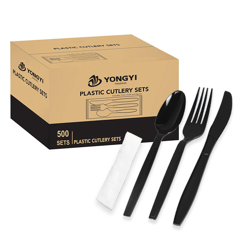 restaurant utensil plastic flatware packed black knife fork spoon disposable plastic cutlery set