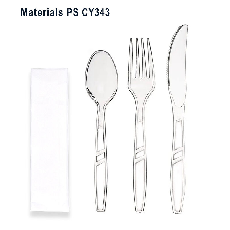Set personnalisé de couverts jetables en plastique chaudement vendu - Fourchette Cuillère Couteau avec serviette pour restaurants, repas à emporter, fêtes, mariages, pique-niques, hôtels