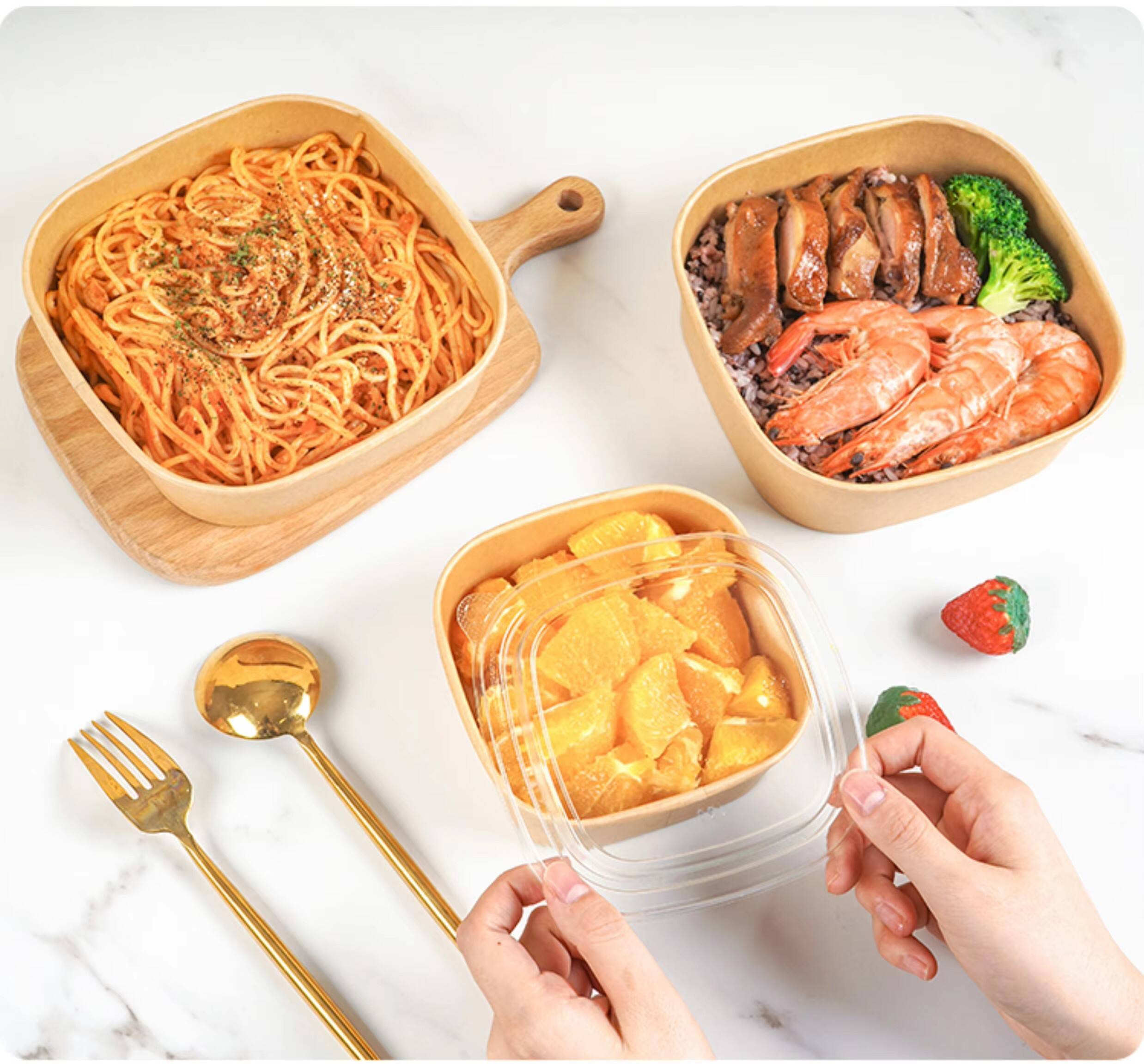Disposable Kraft Paper Bowl square with Plastic Lid Custom Printing Take Away Food Packing Container