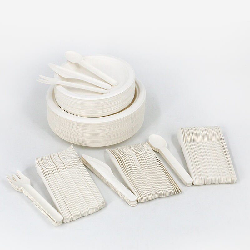 Biodegradable Eco-friendly Pulp Bagasse Round Plate PLA Knife Fork Spoon Bowl Cup Chopsticks Cutlery Set