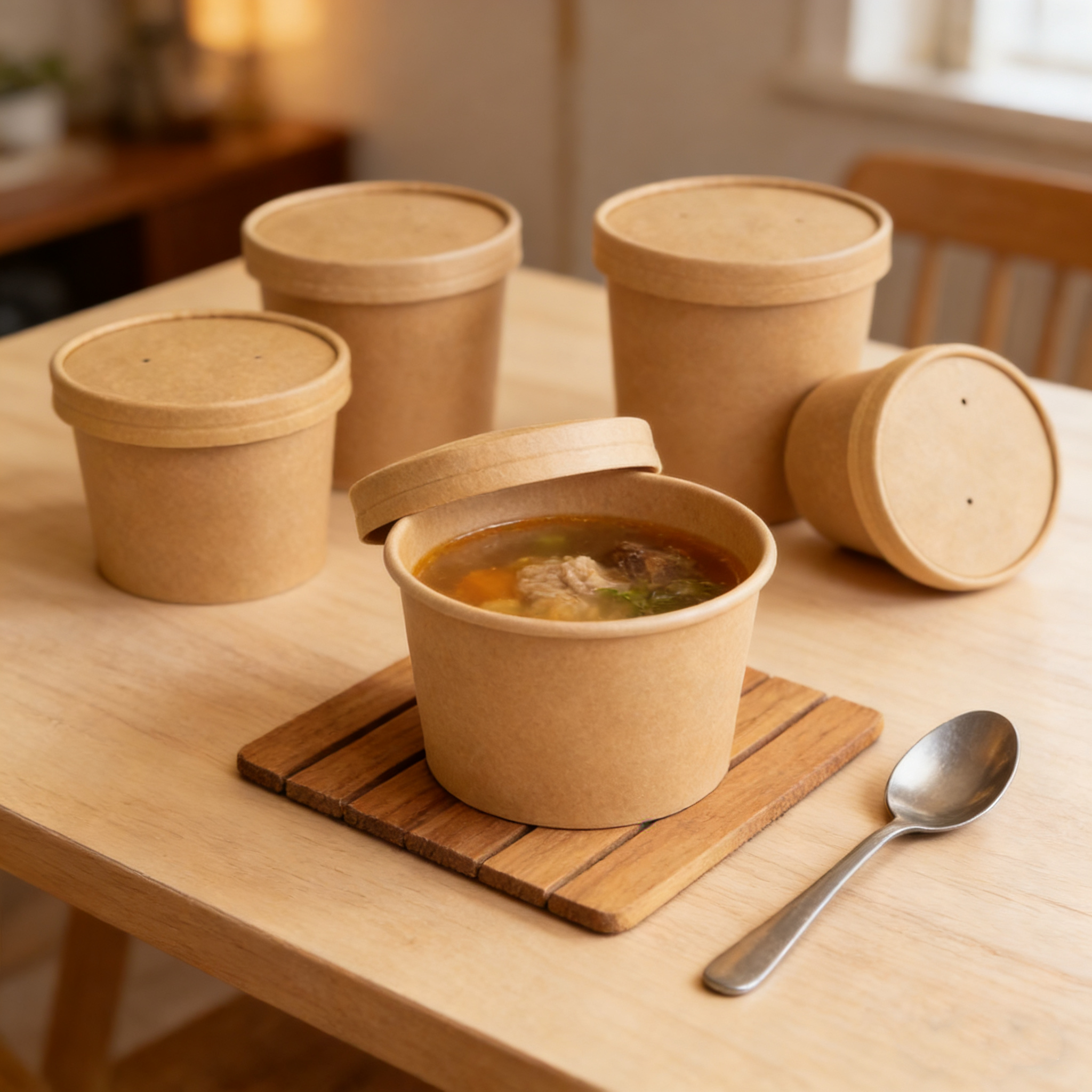 High Quality Food Grade Take Away Disposable Kraft Paper Soup Bucket Bowl with Lid