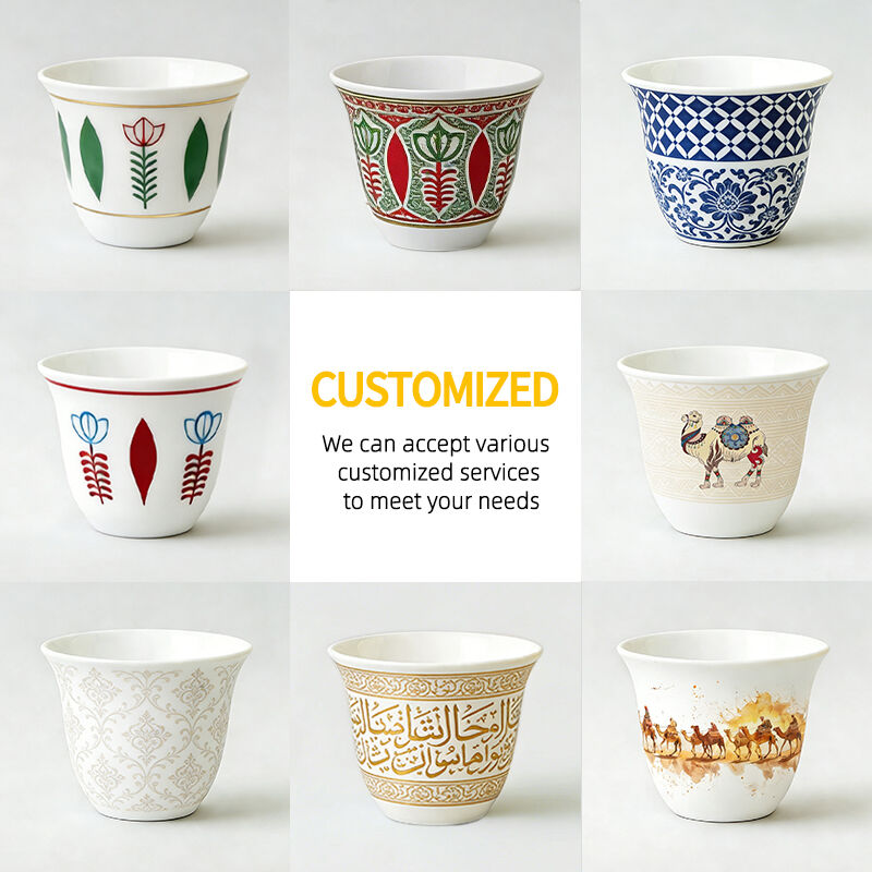 Arabic Round Shape Tea Cup Porcelain Mug Customized logo Ceramic Plain White Coffice Cup for Serving Coffee at Warious Eevents Parties and Workplaces