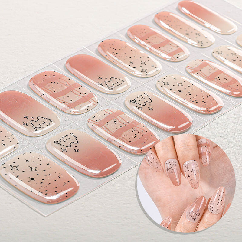 Pastel Pink Gradient UV Semi - Cured Gel Nail Stickers with Star Cartoon Accents 