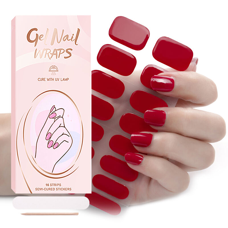 Hot UV Polish Gel Nail Art Wraps Non-Toxic New Semi-Cured Gel Strips with Glue and UV Lamp Colorful Solid Designs