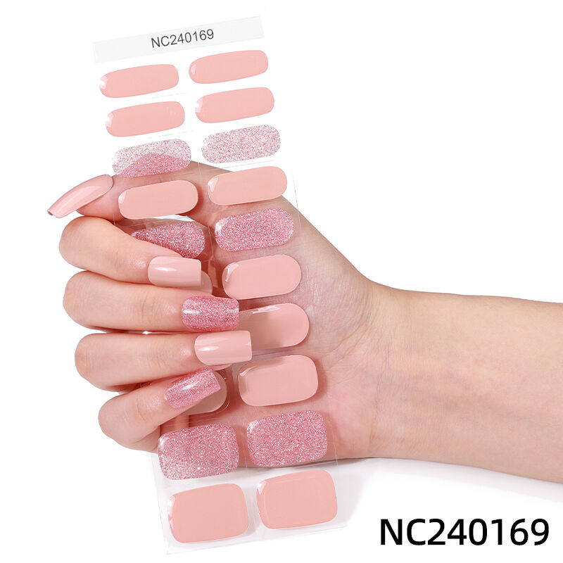 Minimalist Style Semi-cured Gel Nail Stickers Solid Color with Glitter Nail Art Wraps