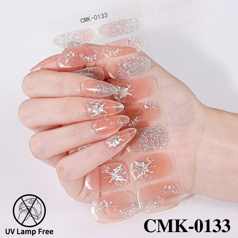 कस्टम लोगो, यूवी लाइट-मुक्त, आसान लगाने योग्य, सफेद पर्लेसेंट ग्लिटर नेल जेल स्टिकर, बेकिंग की आवश्यकता नहीं