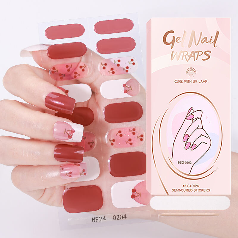 Wholesale Best Nail Strips Spring Summer Fashion French Cherry Nail Wraps UV Lamp Dry Semi Cured Gel Nail Stickers for Girls