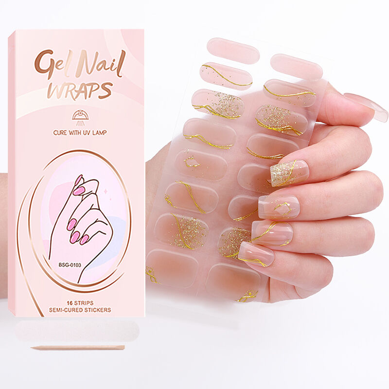 Marble Pattern UV Semi-Cured Gel Nail Stickers with Gold Foil Accents