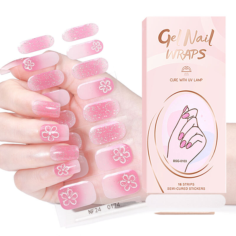 কারখানা থেকে সরাসরি হোলসেল গোল্ড ফয়েল সেমি কিউয়ারড জেল নেইল স্ট্রিপস ফ্রেঞ্চ নেইল স্টিকার ইউভি ল্যাম্পসহ