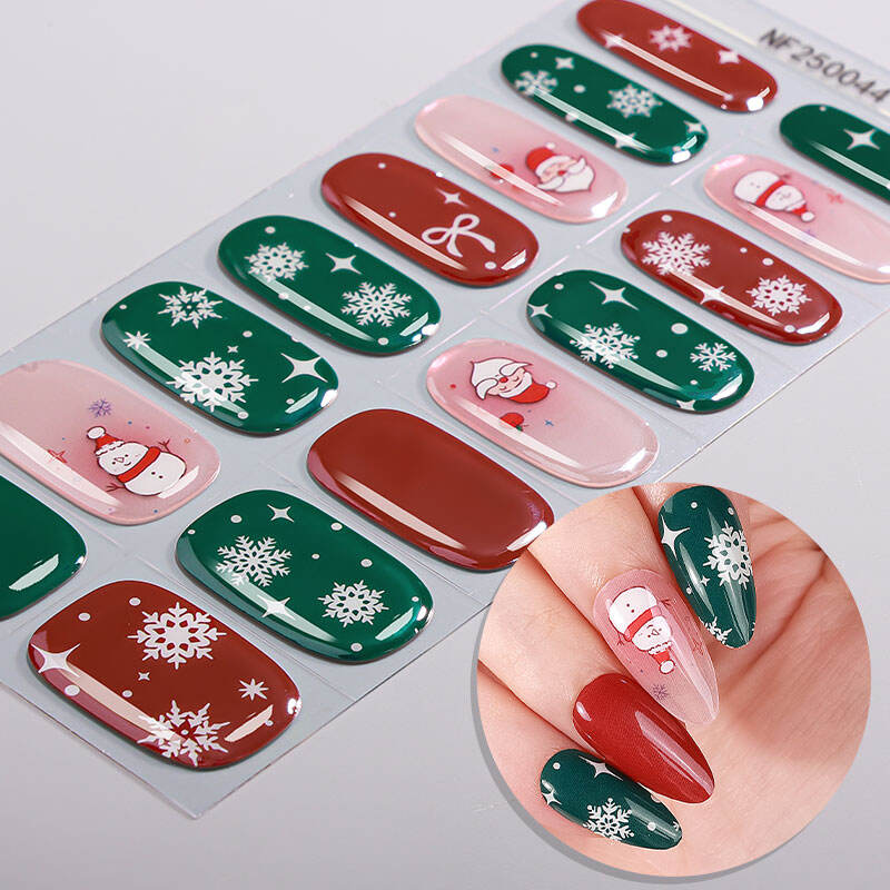 Custom Long Lasting HEMA-free Gel Nail Strips 16 Finger Christmas Snowflake Cartoon Design UV Drying Semi Cured Gel Nail Sticker